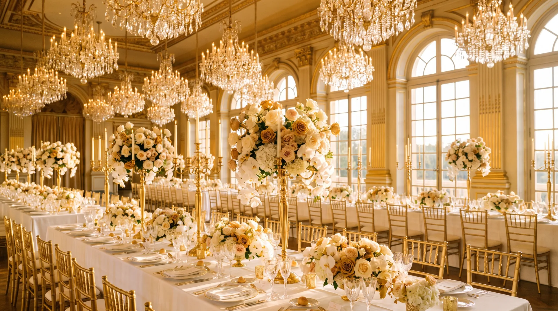 Elegant wedding reception at golden hour